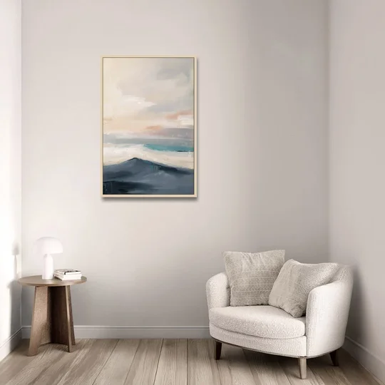 Minimalist Quiet Mountain Ridge with Teal Crest - Oak Framed Canvas Wall Art - Sofa - 24x36