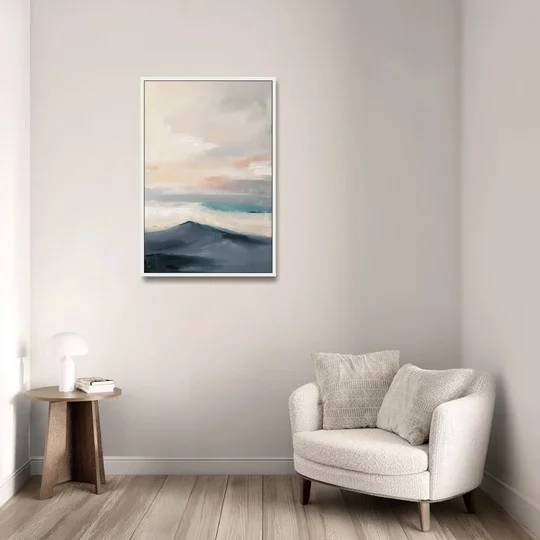 Minimalist Quiet Mountain Ridge with Teal Crest - White Framed Canvas Wall Art - Sofa - 24x36