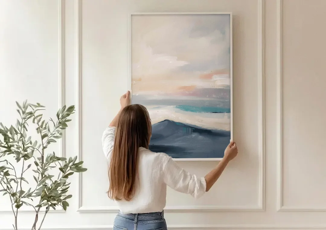 Minimalist Quiet Mountain Ridge with Teal Crest canvas wall art being hung on a paneled wall