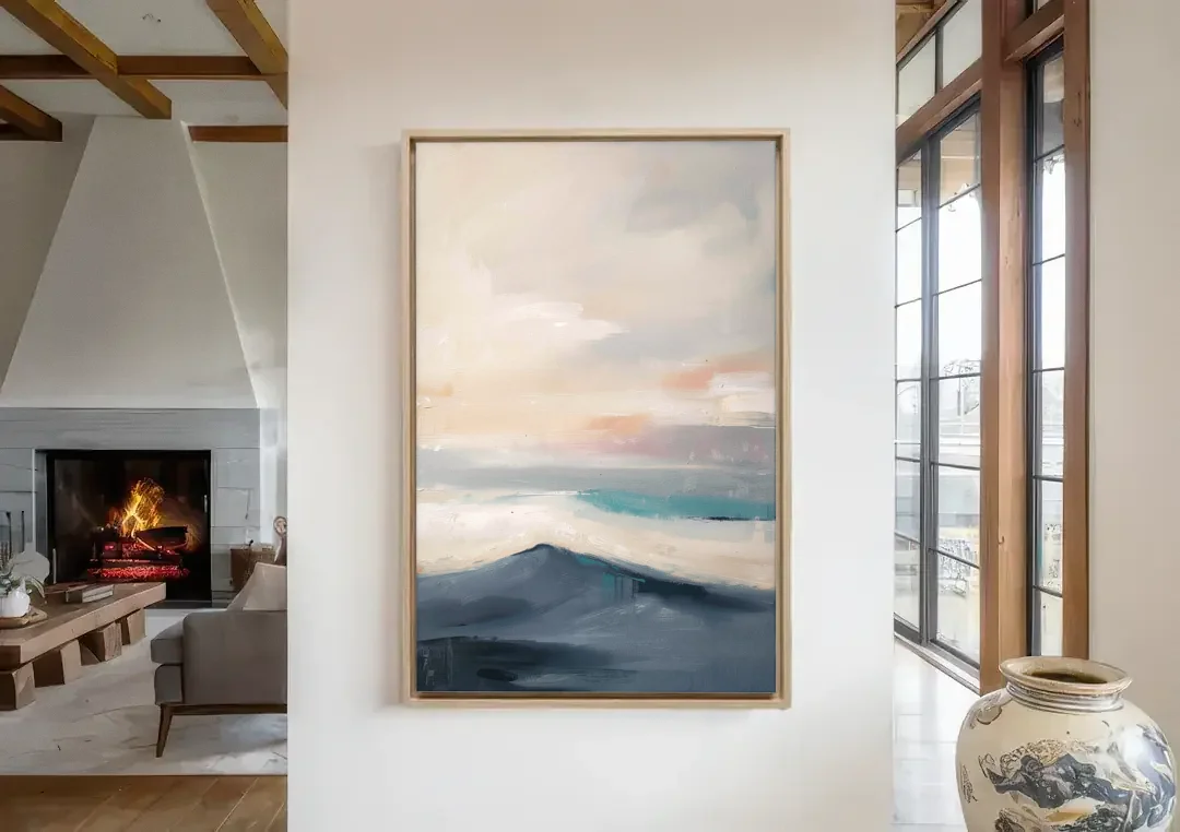 Minimalist Quiet Mountain Ridge with Teal Crest canvas wall art in a living room with a fireplace