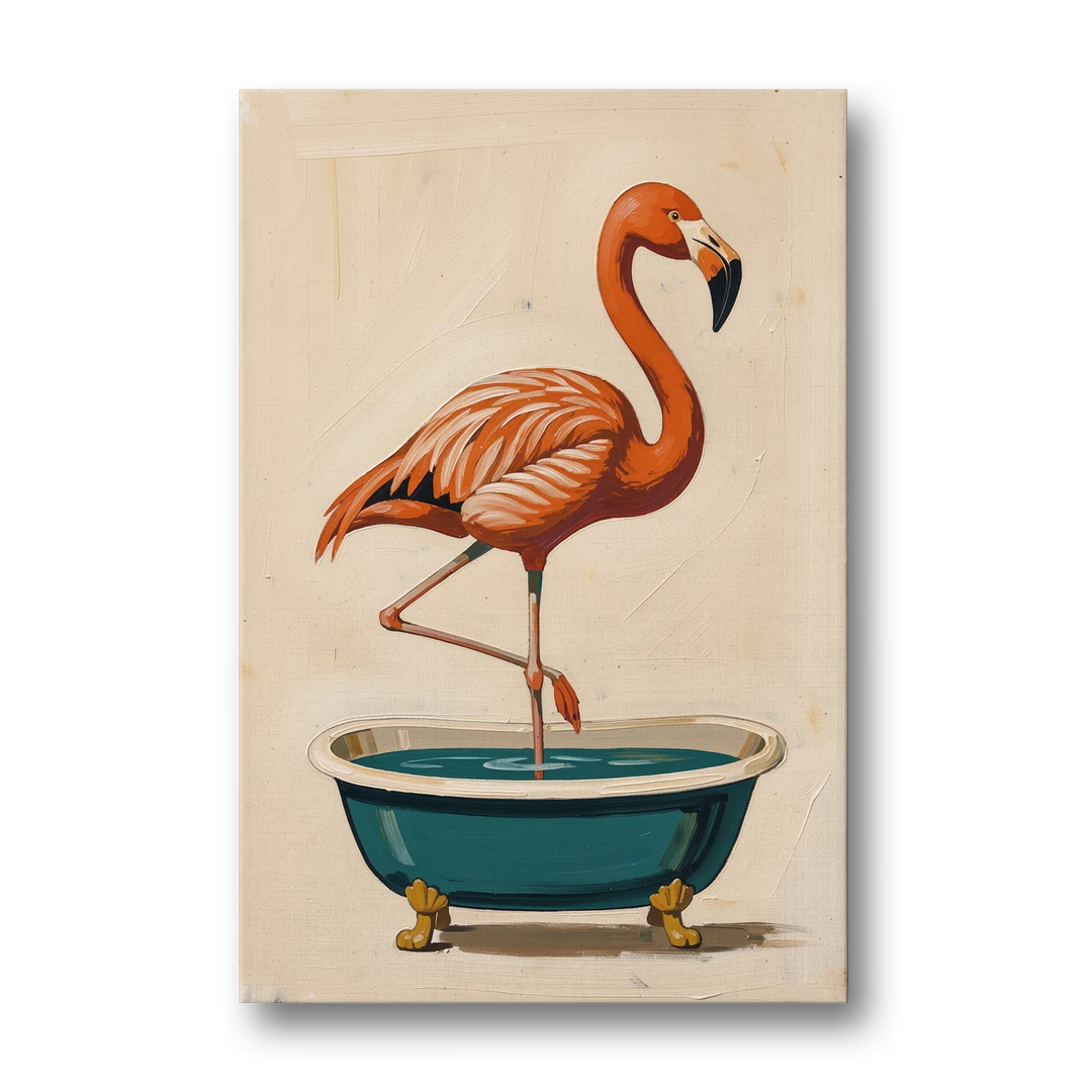 Quirky Bathroom Wall Art Flamingo in a Clawfoot Tub - Canvas Wall Art - Front