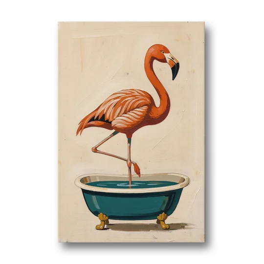 Quirky Bathroom Wall Art Flamingo in a Clawfoot Tub - Canvas Wall Art - Front