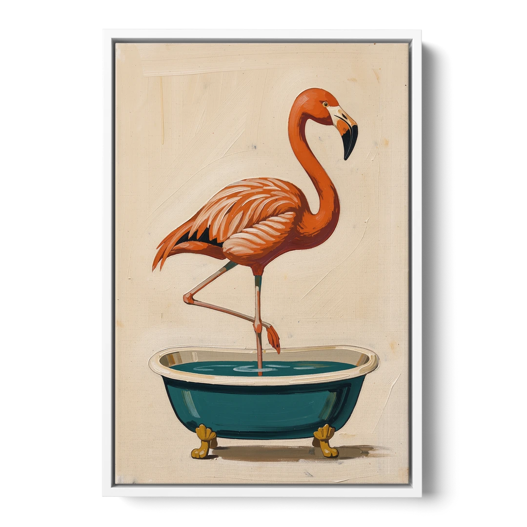 Quirky Bathroom Wall Art Flamingo in a Clawfoot Tub - White Framed Canvas Wall Art - Front