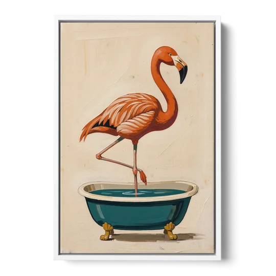Quirky Bathroom Wall Art Flamingo in a Clawfoot Tub - White Framed Canvas Wall Art - Front