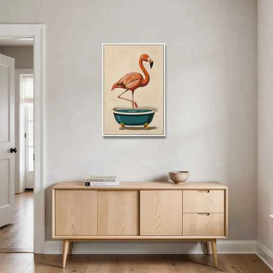 Quirky Bathroom Wall Art Flamingo in a Clawfoot Tub - White Framed Canvas Wall Art - Coffee Table - 24x36