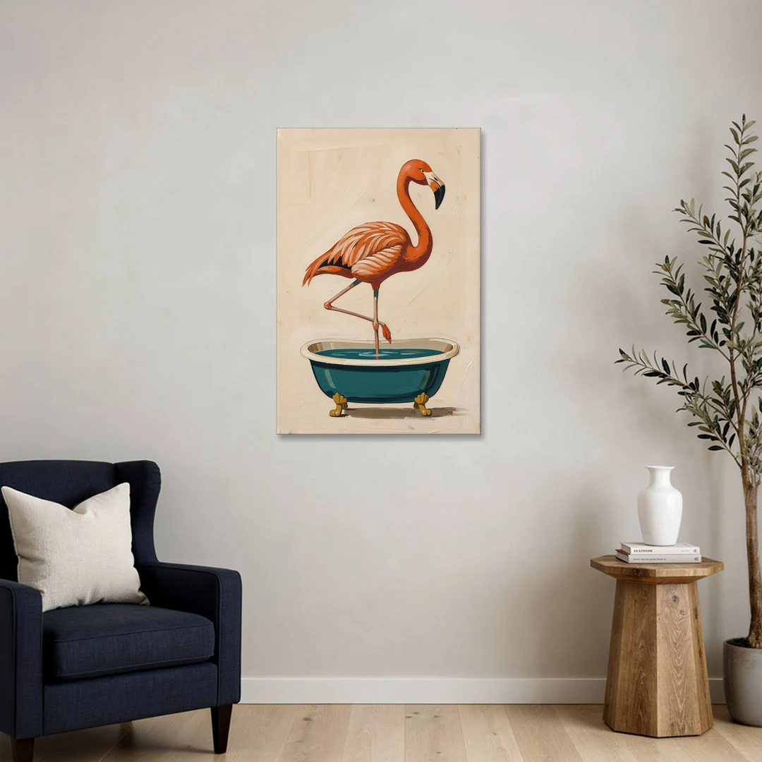 Quirky Bathroom Wall Art Flamingo in a Clawfoot Tub - Canvas Wall Art - Sofa - 24x36