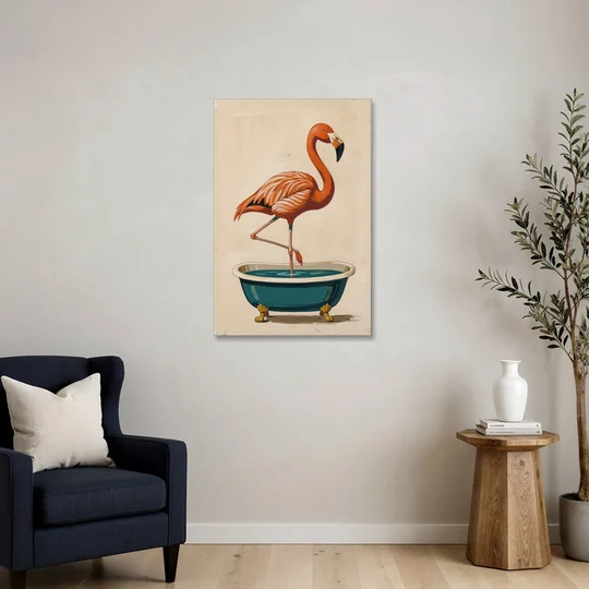 Quirky Bathroom Wall Art Flamingo in a Clawfoot Tub - Canvas Wall Art - Sofa - 24x36