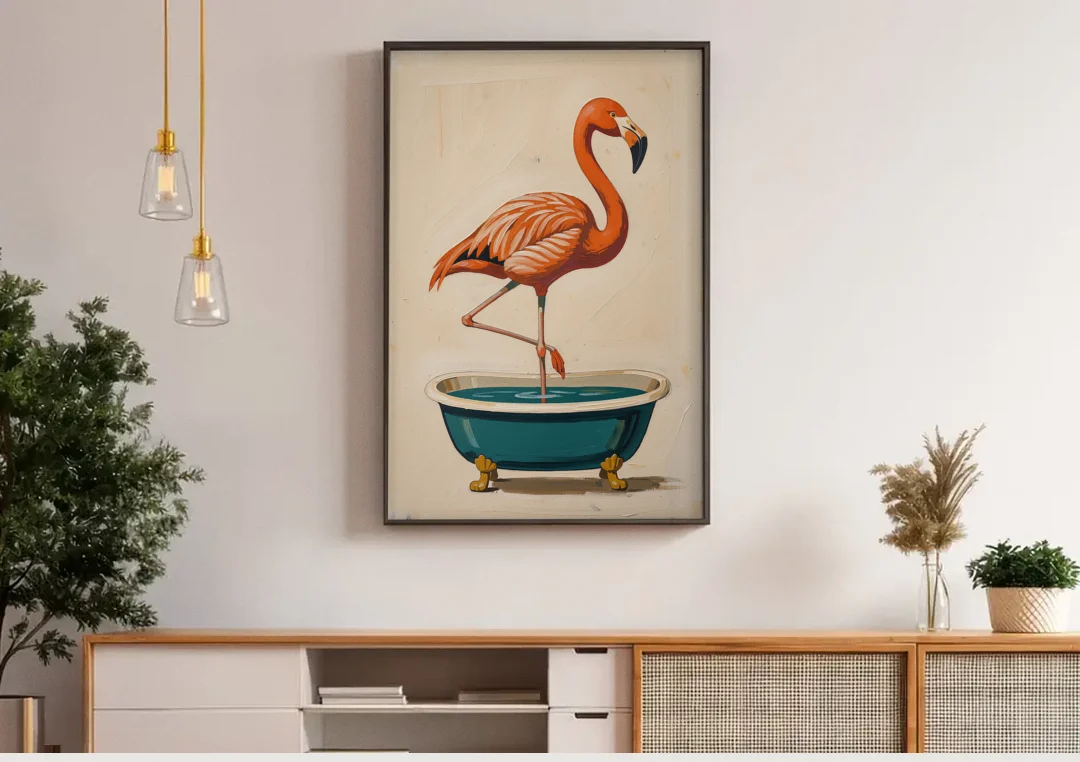 Quirky Bathroom Wall Art Flamingo in a Clawfoot Tub canvas wall art above a wooden sideboard under pendant lights