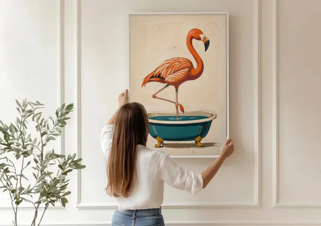 Quirky Bathroom Wall Art Flamingo in a Clawfoot Tub canvas wall art being hung on a paneled wall