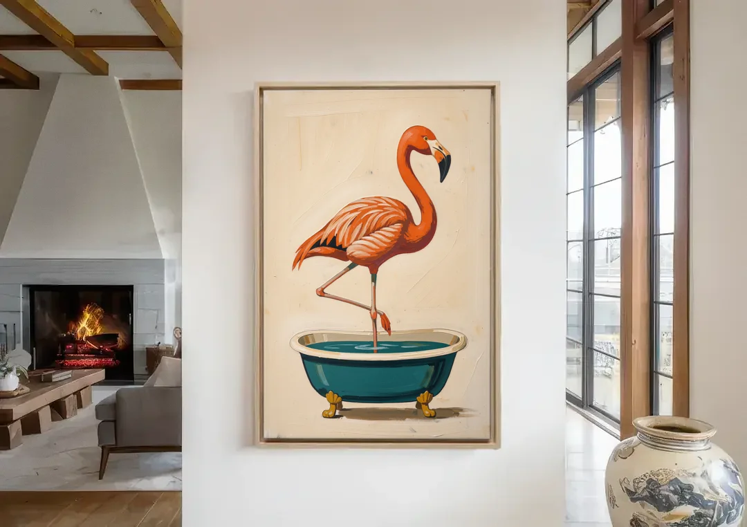 Quirky Bathroom Wall Art Flamingo in a Clawfoot Tub canvas wall art in a living room with a fireplace