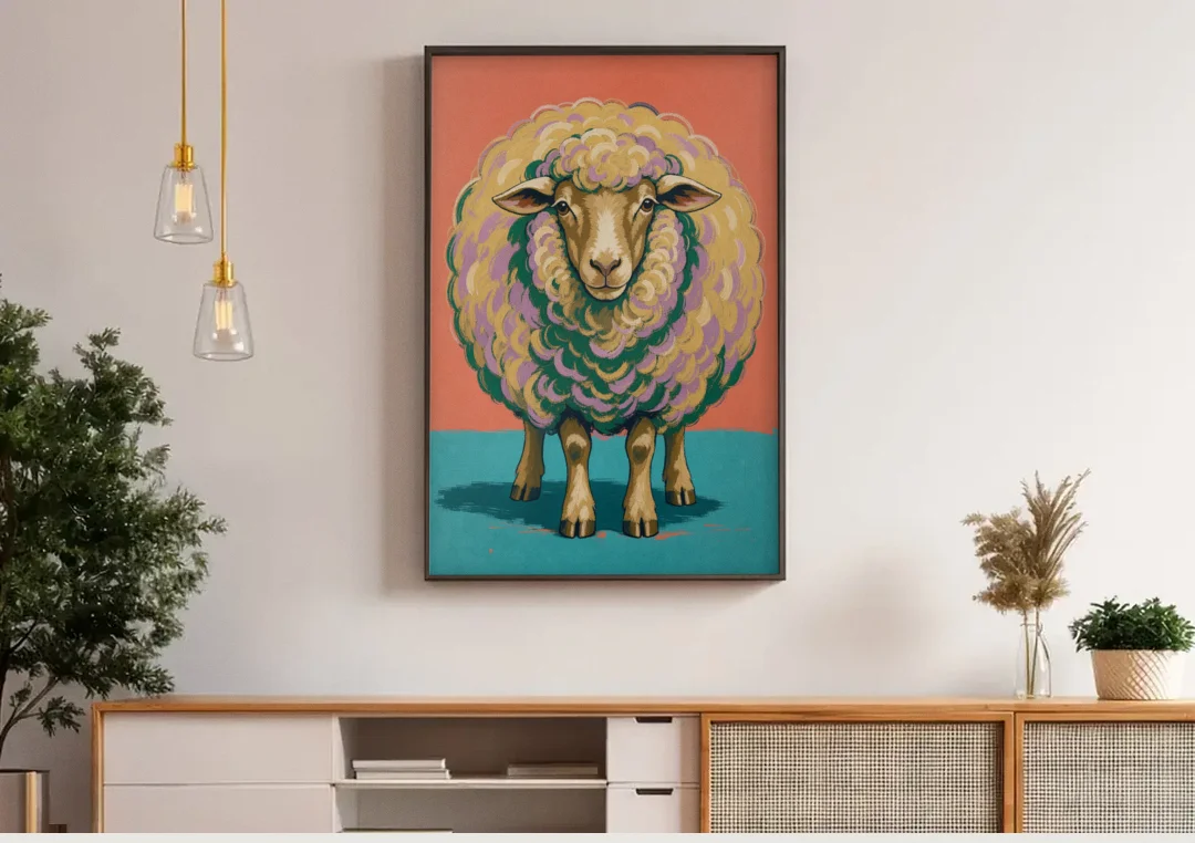Quirky Wall Decor Woolly Ball Sheep canvas wall art above a wooden sideboard under pendant lights