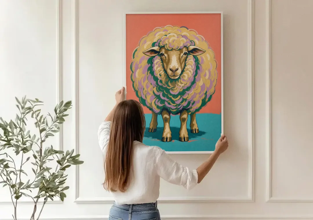 Quirky Wall Decor Woolly Ball Sheep canvas wall art being hung on a paneled wall
