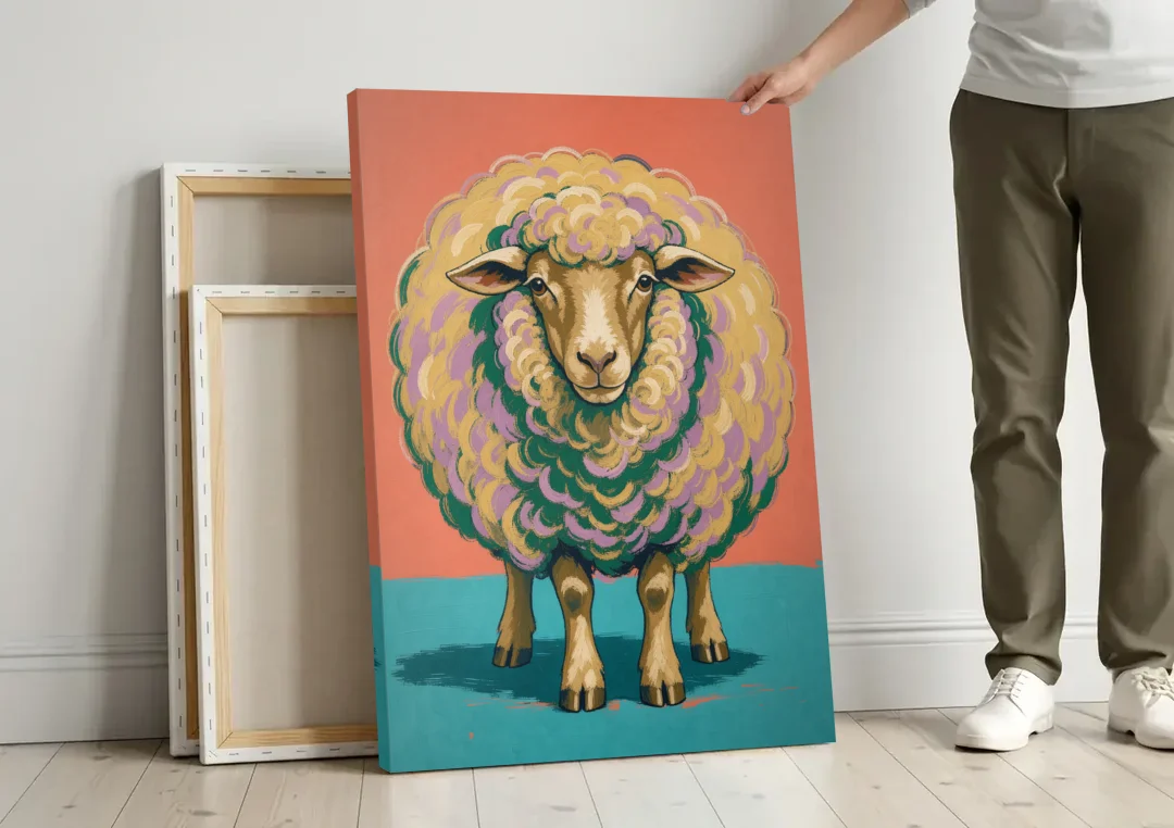 Quirky Wall Decor Woolly Ball Sheep canvas wall art leaning against a wall next to blank canvases