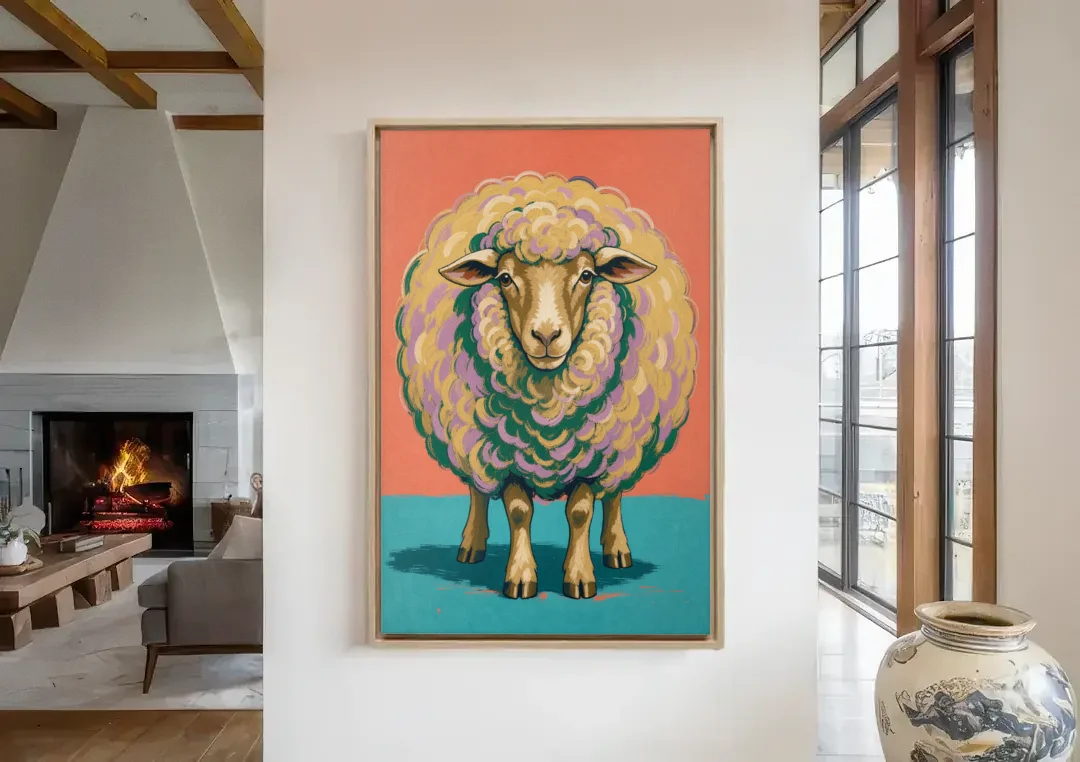 Quirky Wall Decor Woolly Ball Sheep canvas wall art in a living room with a fireplace