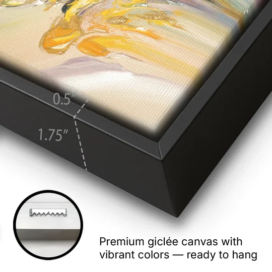 Radiant Flowing Forms Yellow Abstract - Black Framed Canvas Wall Art - Gallery Wrap Corner