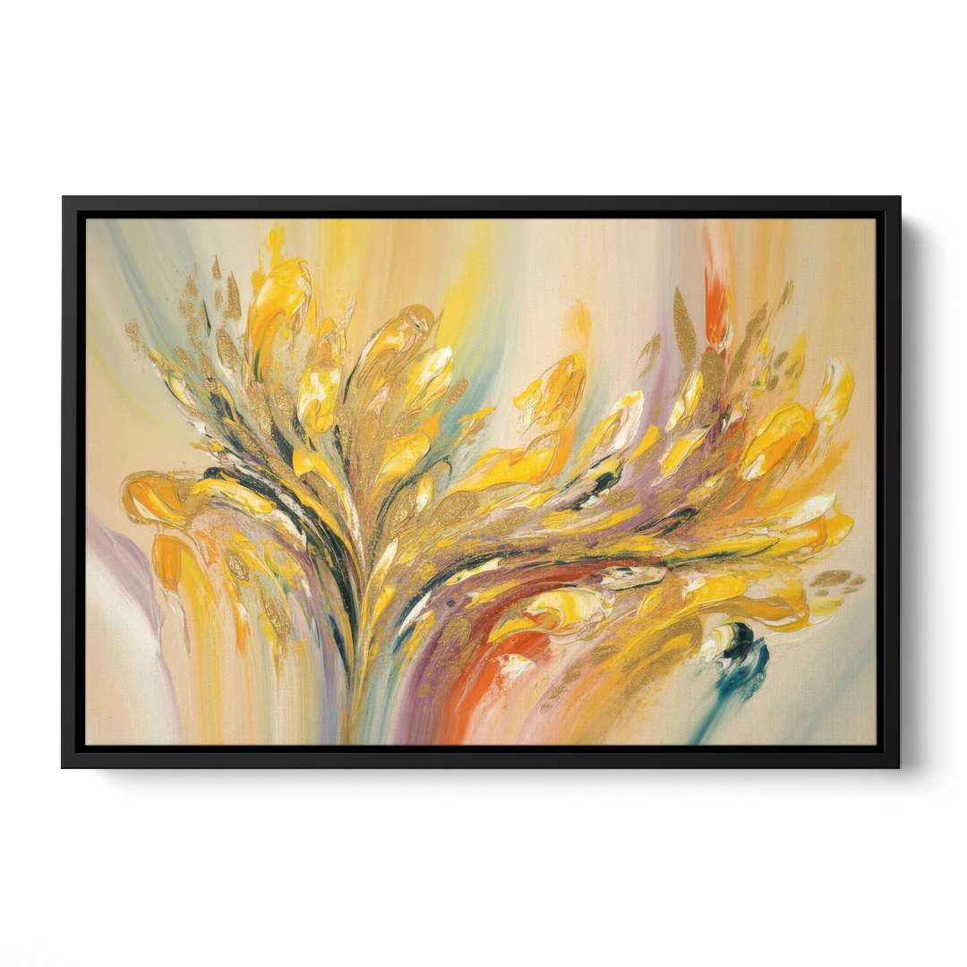 Radiant Flowing Forms Yellow Abstract - Black Framed Canvas Wall Art - Front