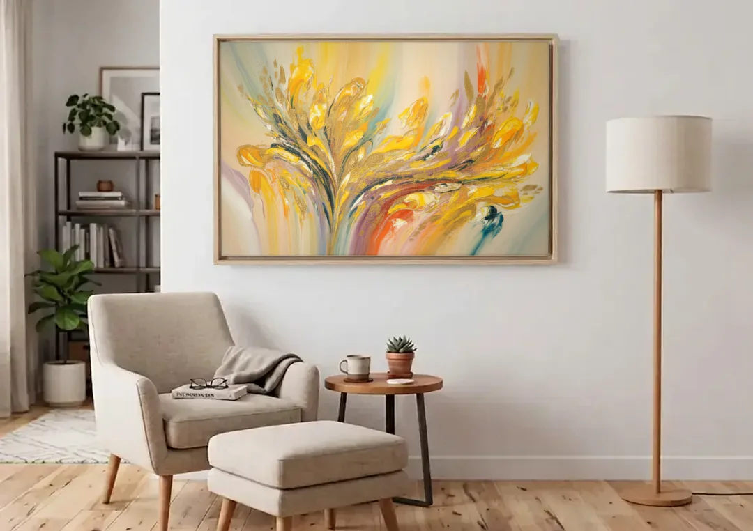 Radiant Flowing Forms Yellow Abstract canvas wall art above an armchair in a bright living room