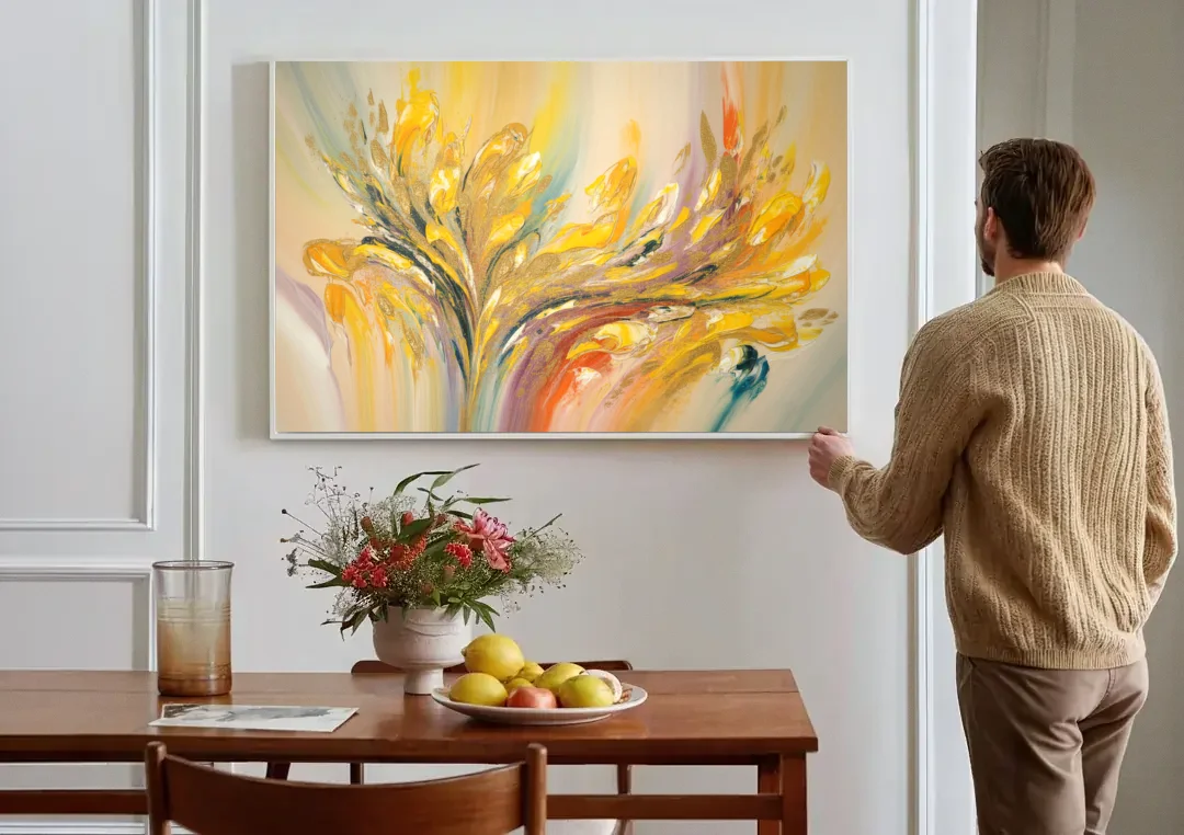 Radiant Flowing Forms Yellow Abstract canvas wall art above a dining table