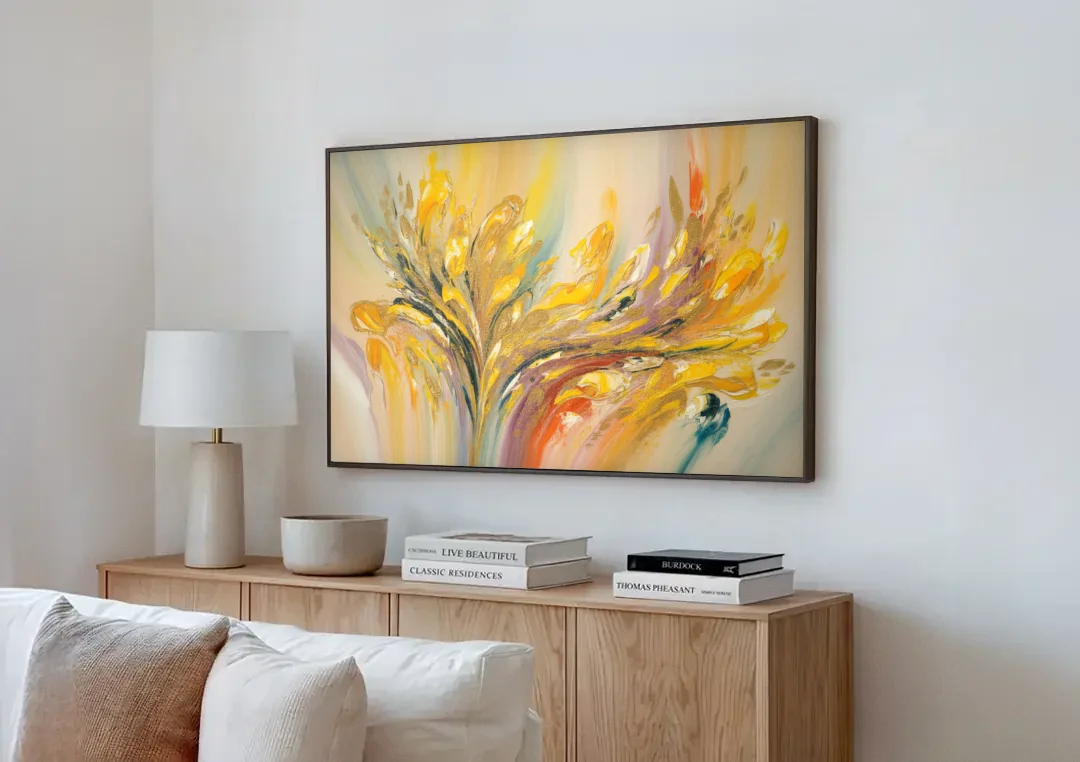 Radiant Flowing Forms Yellow Abstract canvas wall art above a wooden sideboard next to a sofa