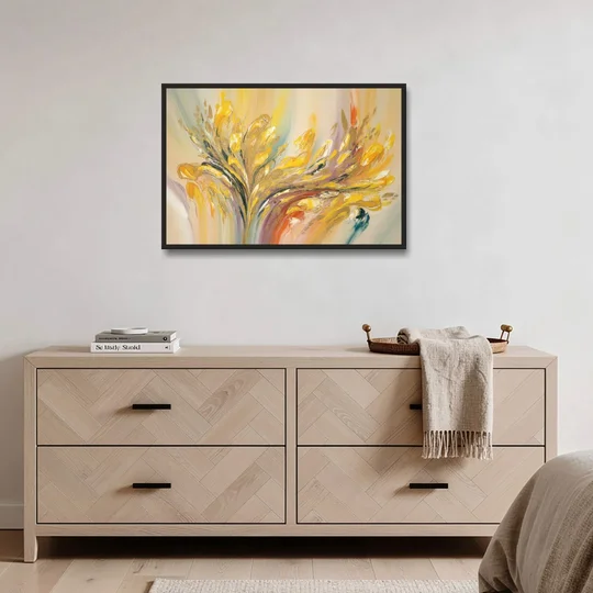 Radiant Flowing Forms Yellow Abstract - Black Framed Canvas Wall Art - Coffee Table - 36x24
