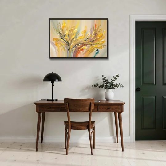 Radiant Flowing Forms Yellow Abstract - Black Framed Canvas Wall Art - Office - 36x24