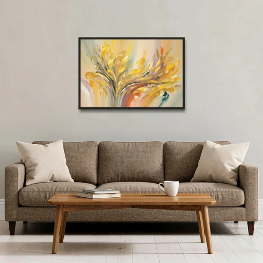 Radiant Flowing Forms Yellow Abstract - Black Framed Canvas Wall Art - Sofa - 36x24