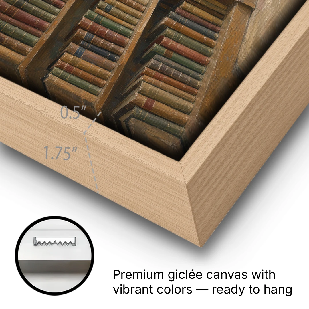 Rain Streaked Arched Window by Library Bookshelves - Oak Framed Canvas Wall Art - Gallery Wrap Corner