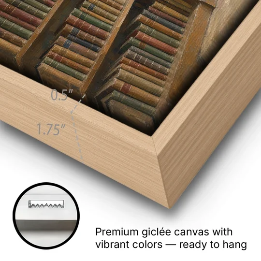 Rain Streaked Arched Window by Library Bookshelves - Oak Framed Canvas Wall Art - Gallery Wrap Corner