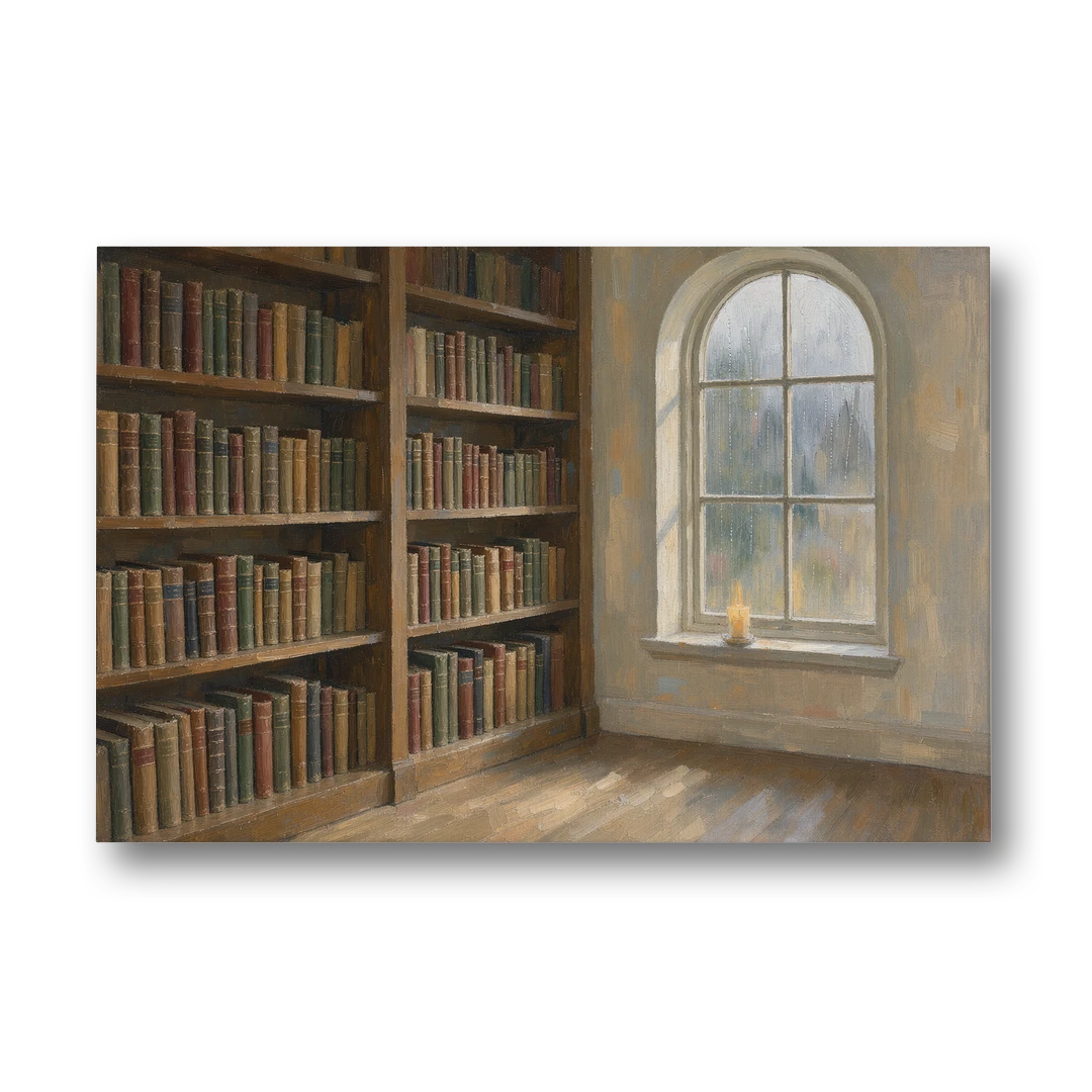 Rain Streaked Arched Window by Library Bookshelves - Canvas Wall Art - Front