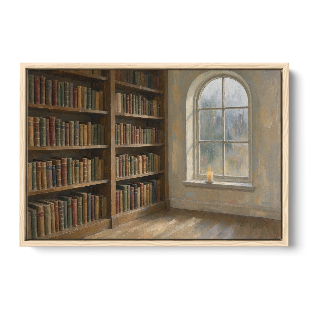 Rain Streaked Arched Window by Library Bookshelves - Oak Framed Canvas Wall Art - Front