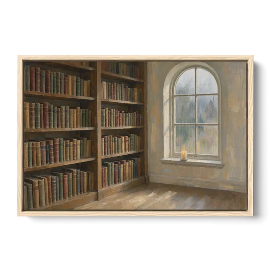 Rain Streaked Arched Window by Library Bookshelves - Oak Framed Canvas Wall Art - Front