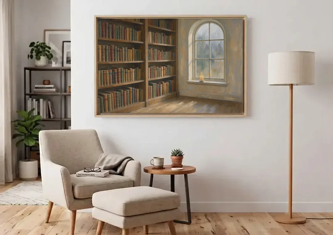 Rain Streaked Arched Window by Library Bookshelves canvas wall art above an armchair in a bright living room