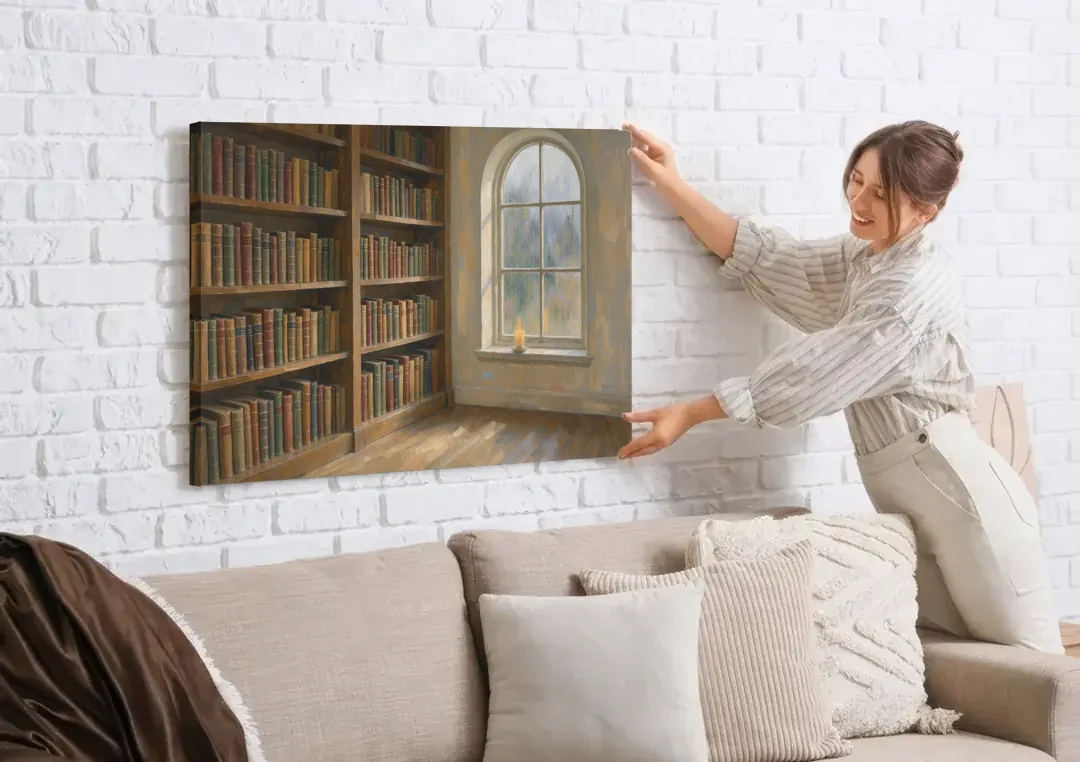 Rain Streaked Arched Window by Library Bookshelves canvas wall art being hung on a white brick wall above a sofa