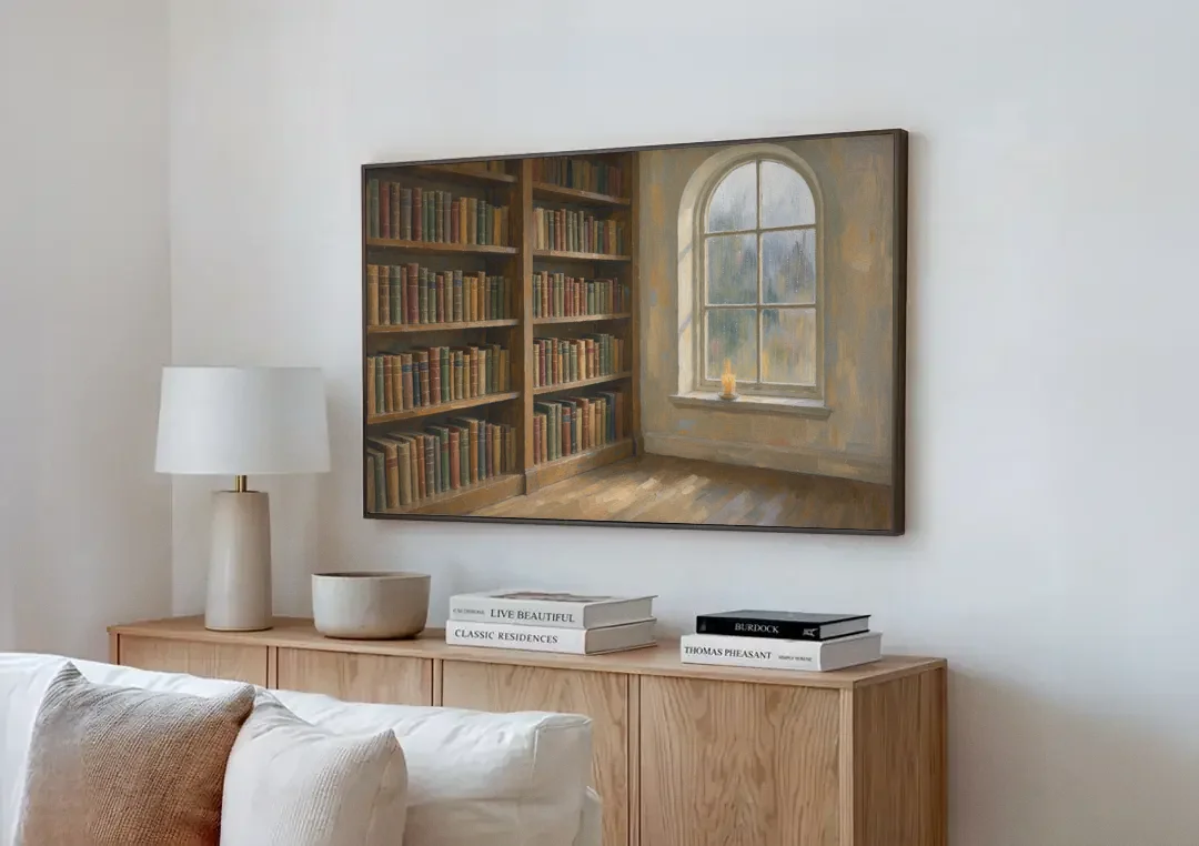 Rain Streaked Arched Window by Library Bookshelves canvas wall art above a wooden sideboard next to a sofa