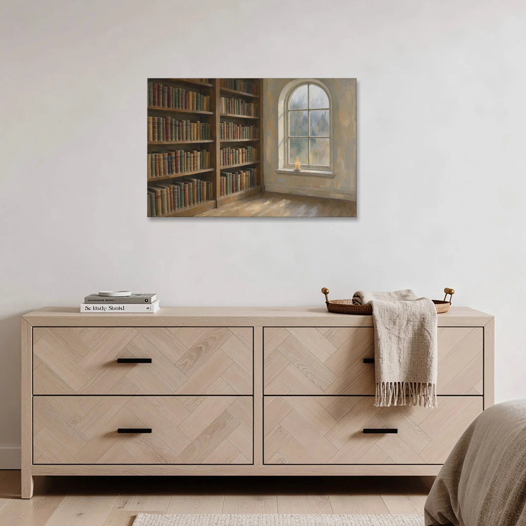 Rain Streaked Arched Window by Library Bookshelves - Canvas Wall Art - Coffee Table - 36x24