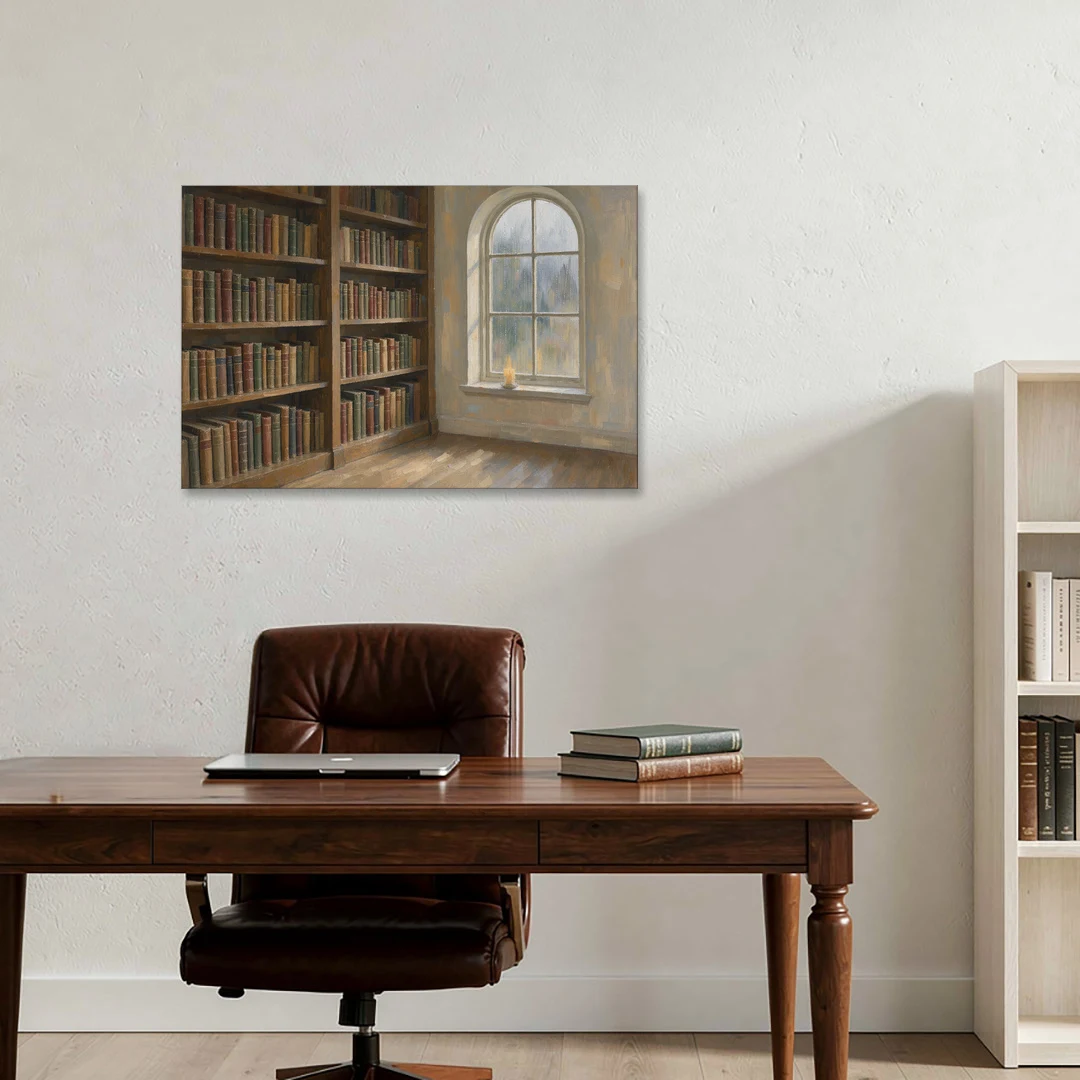 Rain Streaked Arched Window by Library Bookshelves - Canvas Wall Art - Office - 36x24