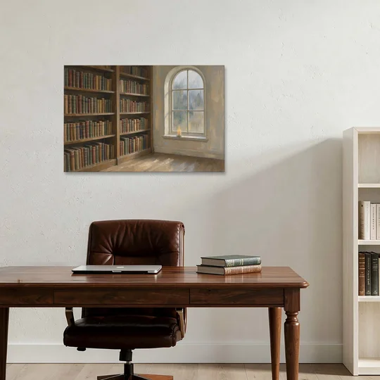 Rain Streaked Arched Window by Library Bookshelves - Canvas Wall Art - Office - 36x24