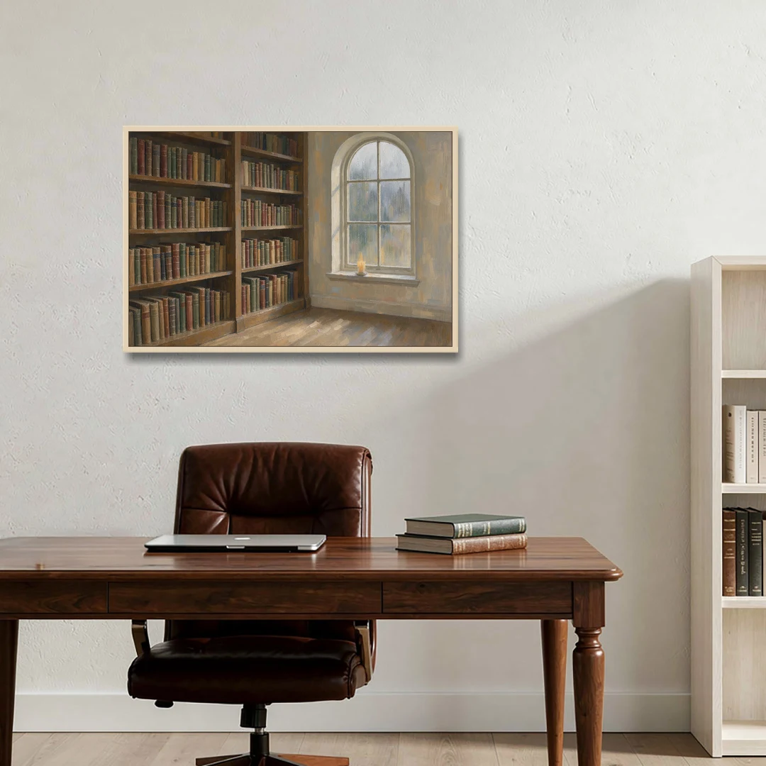 Rain Streaked Arched Window by Library Bookshelves - Oak Framed Canvas Wall Art - Office - 36x24