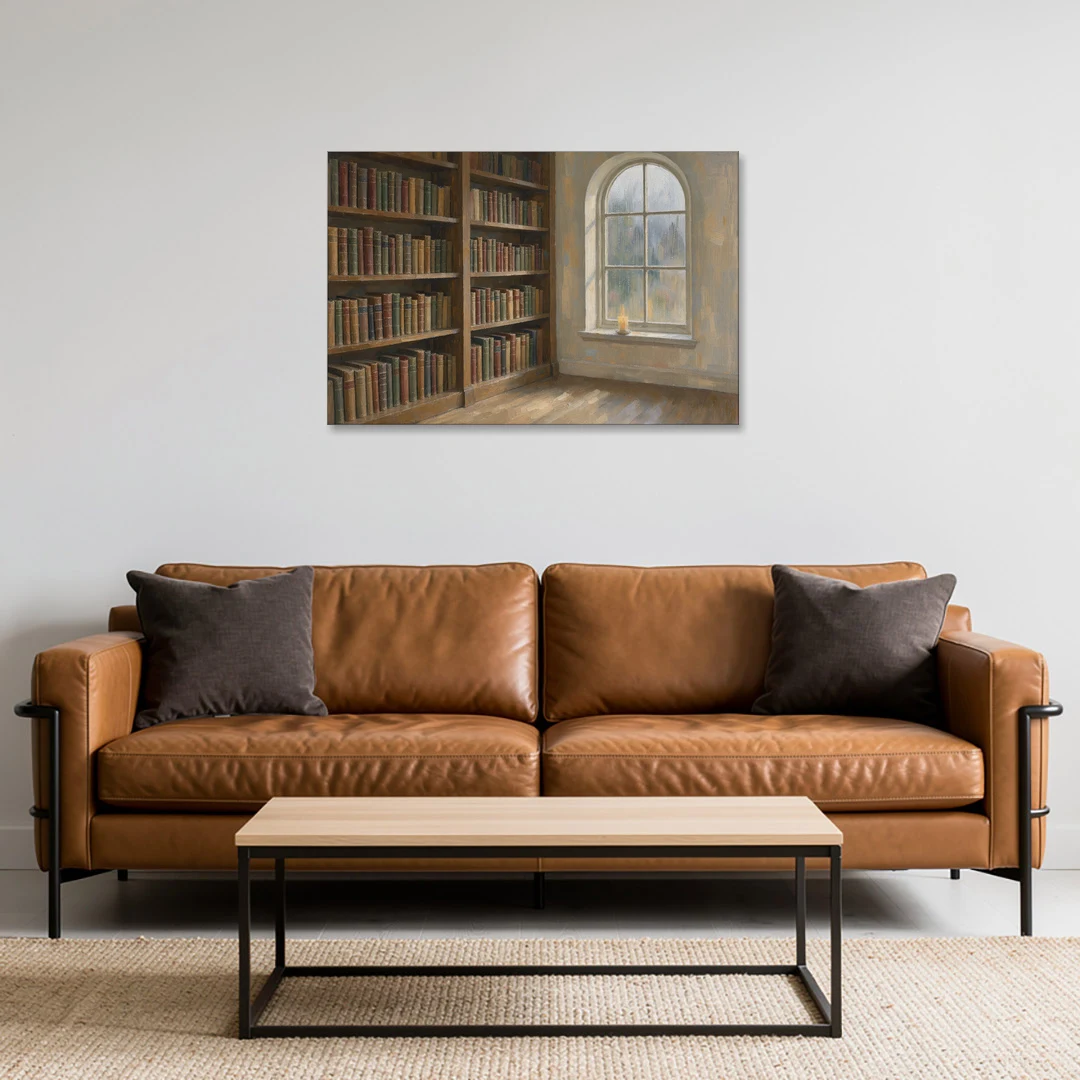 Rain Streaked Arched Window by Library Bookshelves - Canvas Wall Art - Sofa - 36x24