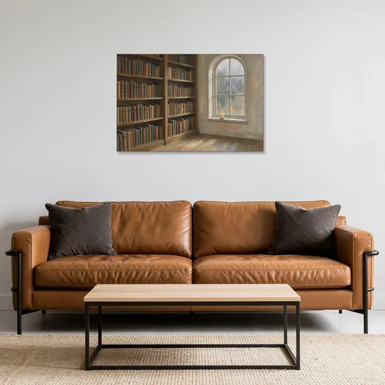 Rain Streaked Arched Window by Library Bookshelves - Canvas Wall Art - Sofa - 36x24