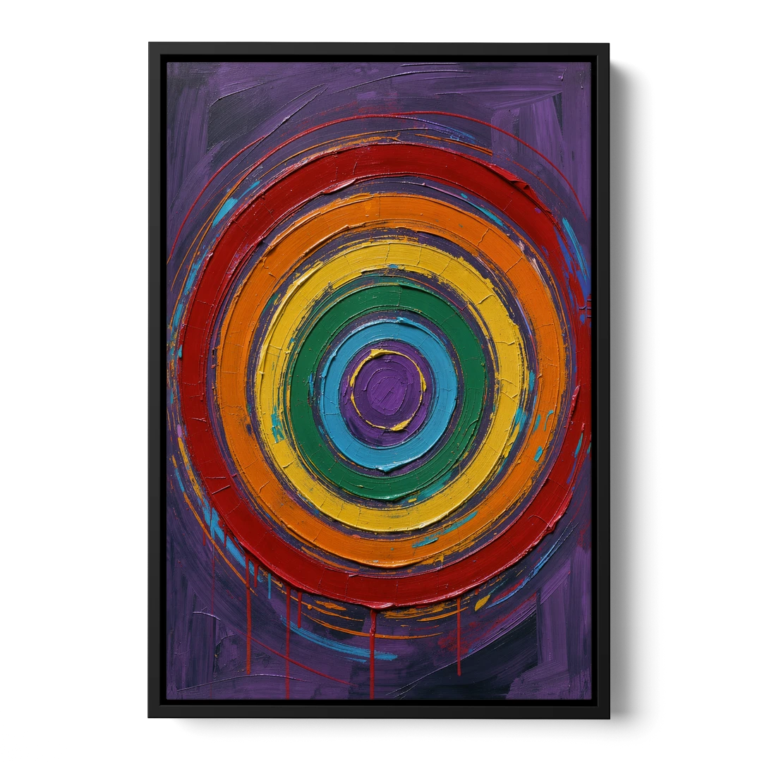 Rainbow Concentric Ring Mandala with Paint Drips - Black Framed Canvas Wall Art - Front