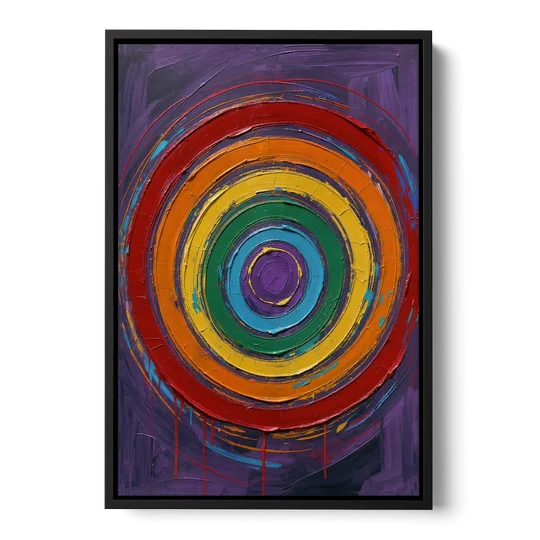 Rainbow Concentric Ring Mandala with Paint Drips - Black Framed Canvas Wall Art - Front