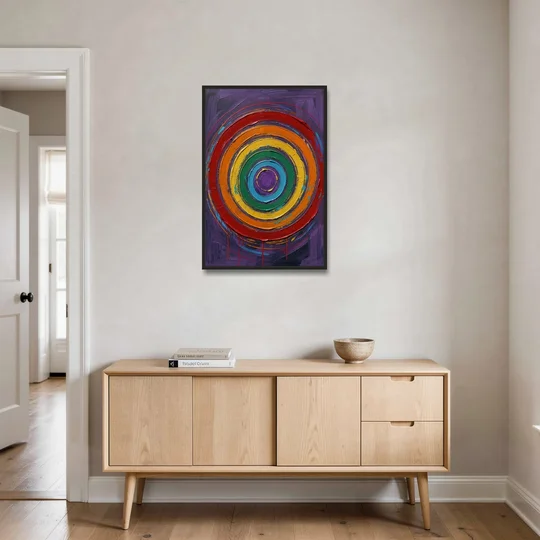 Rainbow Concentric Ring Mandala with Paint Drips - Black Framed Canvas Wall Art - Coffee Table - 24x36