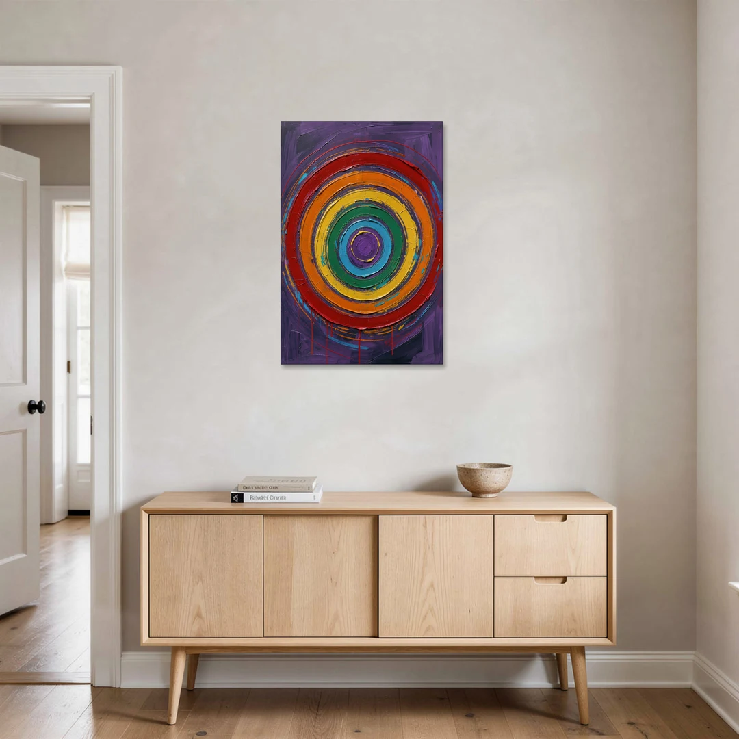 Rainbow Concentric Ring Mandala with Paint Drips - Canvas Wall Art - Coffee Table - 24x36