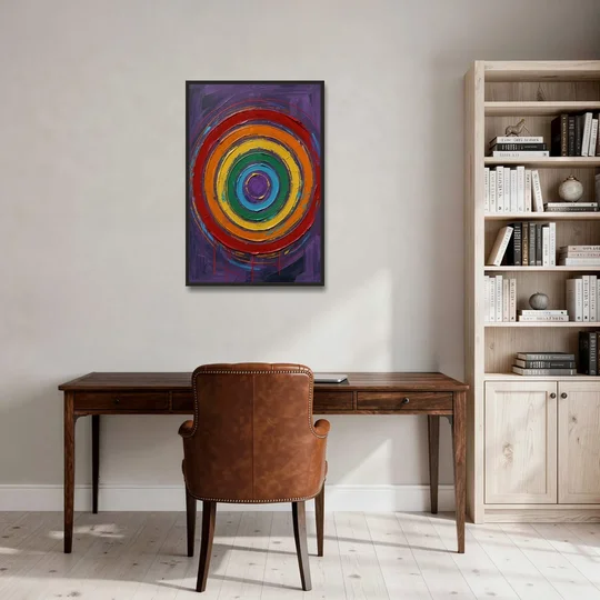 Rainbow Concentric Ring Mandala with Paint Drips - Black Framed Canvas Wall Art - Office - 24x36
