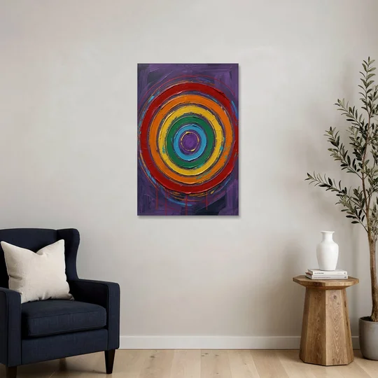 Rainbow Concentric Ring Mandala with Paint Drips - Canvas Wall Art - Sofa - 24x36