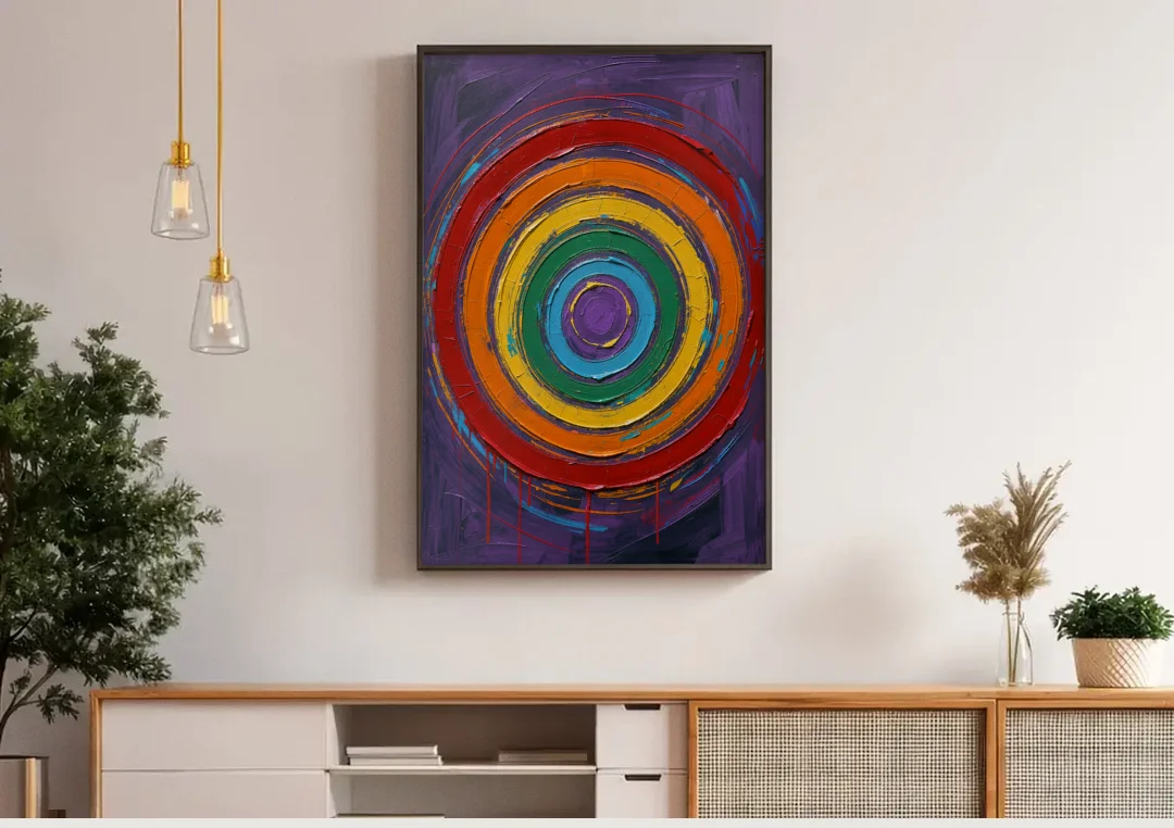 Rainbow Concentric Ring Mandala with Paint Drips canvas wall art above a wooden sideboard under pendant lights