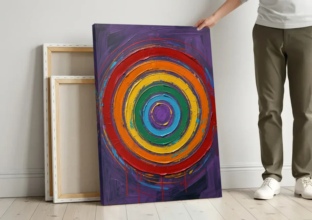 Rainbow Concentric Ring Mandala with Paint Drips canvas wall art leaning against a wall next to blank canvases
