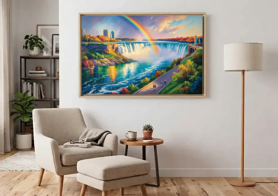 Rainbow Over Niagara Falls canvas wall art above an armchair in a bright living room