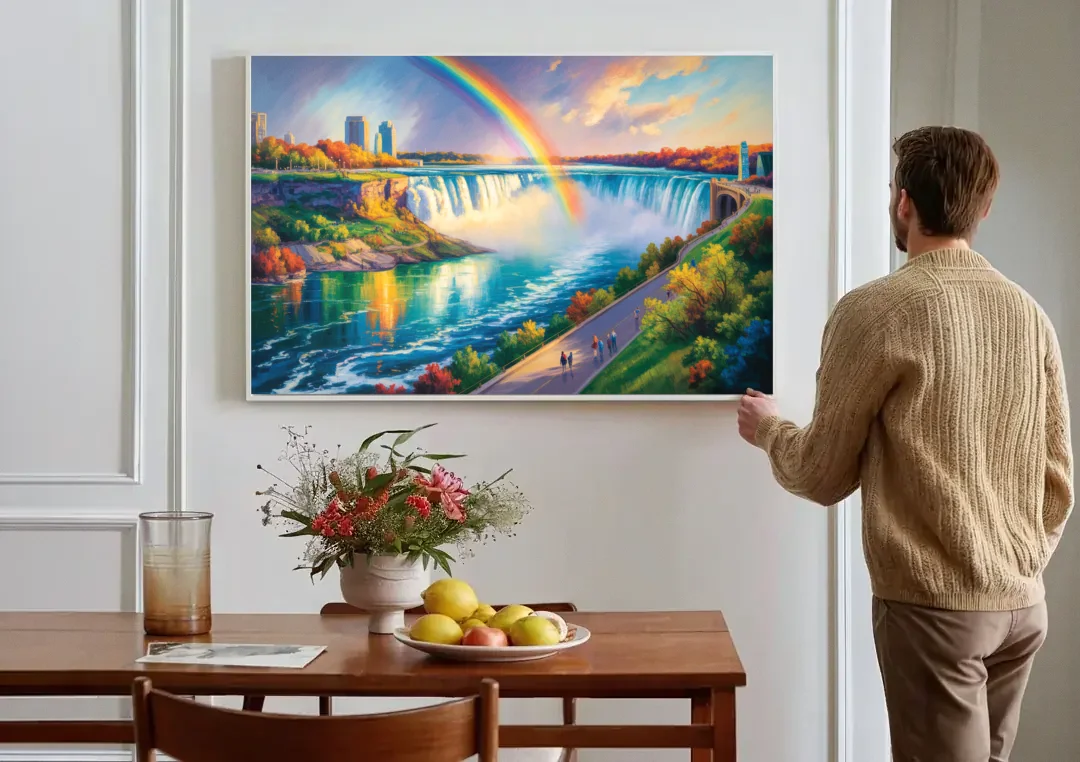 Rainbow Over Niagara Falls canvas wall art above a dining table